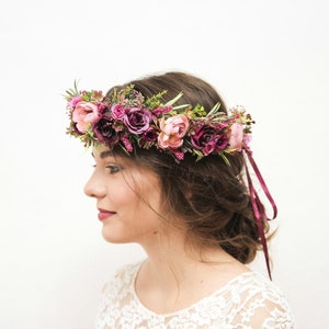 Purple flower crown, Boho floral crown, Lilac flower crown, Maternity crown, Dried flower halo, Bridal flower hairpiece Maroon flower crown image 9