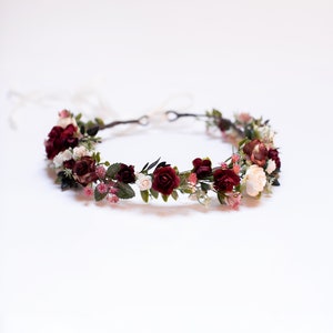 Burgundy flower hairpiece, Bridal floral accessory, Rustic wedding headpiece, Marsala floral crown, Flower girl hairpiece, Bridesmaid crown