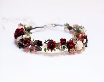 Burgundy flower hairpiece, Bridal floral accessory, Rustic wedding headpiece, Marsala floral crown, Flower girl hairpiece, Bridesmaid crown