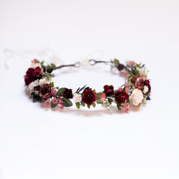 Burgunder Blumen Haarteil, Braut Blumenschmuck, Rustikale Hochzeit Kopfschmuck, Marsala Blumenkrone, Blumen Mädchen Haarteil