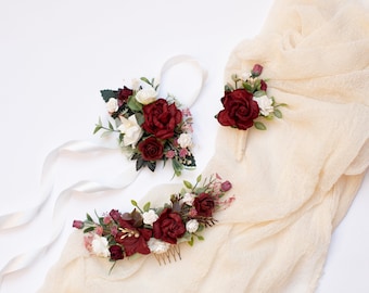 Ramillete de flores en la muñeca, Boutonniere para hombre, Ojal de Marsala, Ramillete en la muñeca de Borgoña, Accesorio de boda