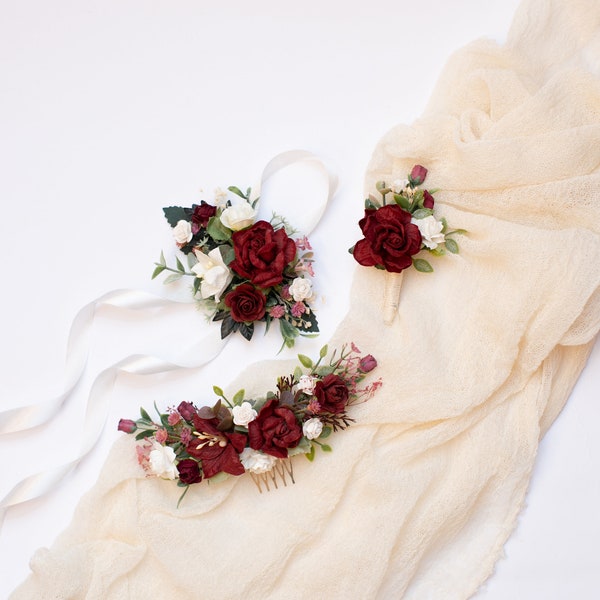 Blumen-Handgelenks-Corsage, Herren-Boutonniere, Marsala-Knopfloch, Burgunder-Handgelenks-Corsage, Hochzeitszubehör