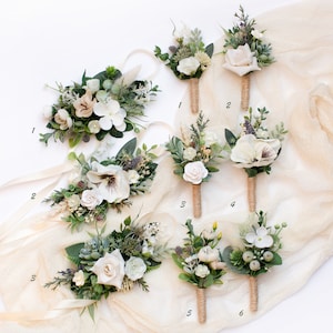 White floral accessories set, Bridesmaid wrist corsage, Men&#39;s flower boutonniere, White wedding set, Rustic wedding, Greenery buttonhole