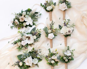 White floral accessories set, Bridesmaid wrist corsage, Men's flower boutonniere, White wedding set, Rustic wedding, Greenery buttonhole