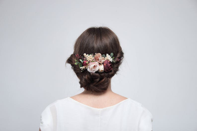Wedding flower comb, Burgundy hairpiece, Bridesmaid floral comb, Outdoor wedding, Bridesmaid headpiece, Autumn wedding, Floral accessories image 1