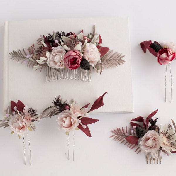 Burgundy blush flower comb, Blush hair accessories, Boho bride comb, Burgundy headpiece, Rose gold comb, Bridesmaid comb, Ivory hair piece