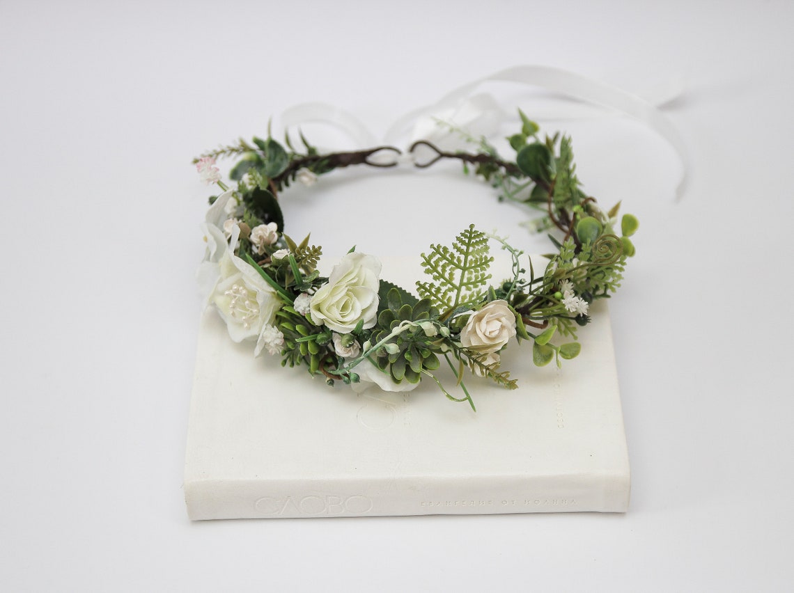 Green Flower Hair Wreath Bridal Flower Halo Botanical Etsy