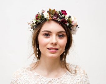 Casamento bege, coroa de flores de Borgonha, bandana para flores de outono, coroa floral nupcial, coroa de flores rústica, coroa nupcial
