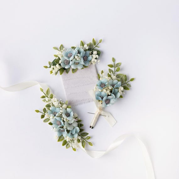 Aqua Blue Wrist Corsage for Wedding, Greenery Groomsmen Pocket