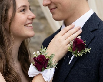 Burgundy Prom Corsage and Boutonniere Set, Wrist Corsage Bracelet with Bow