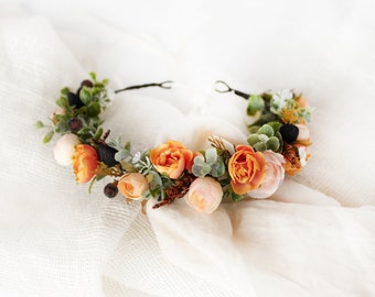 Flower girl crown, Flower wedding crown, Terracotta flower crown, Boho flower crown, Woodland crown, Rustic floral headpiece, Orange crown