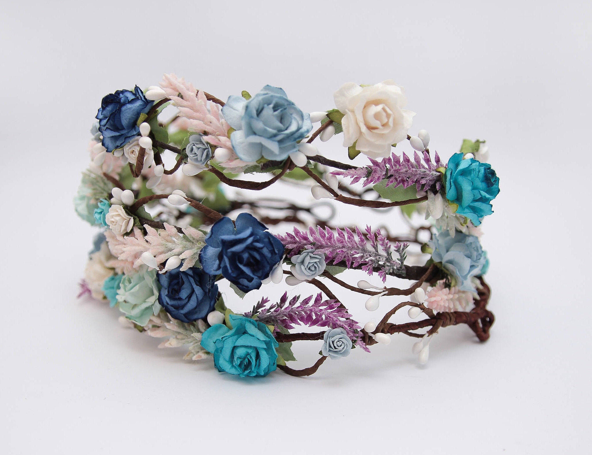 Blue Flower Crown, Boho Flower Crown, Wedding Flower Crown, White ...
