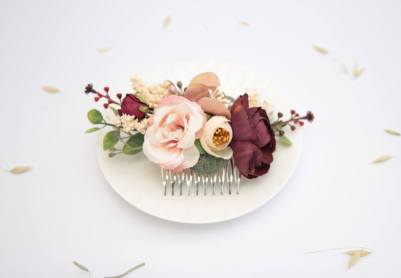 Wedding flower comb, Burgundy hairpiece, Bridesmaid floral comb, Outdoor wedding, Bridesmaid headpiece, Autumn wedding, Floral accessories image 2