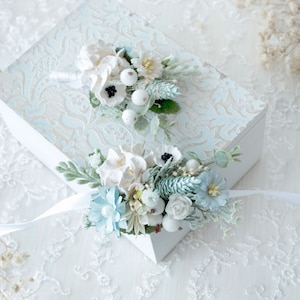 Blue flower boutonniere, Flower wrist corsage, Groom's boutonniere, Ivory floral corsage, Wedding buttonhole, Man's boutonniere