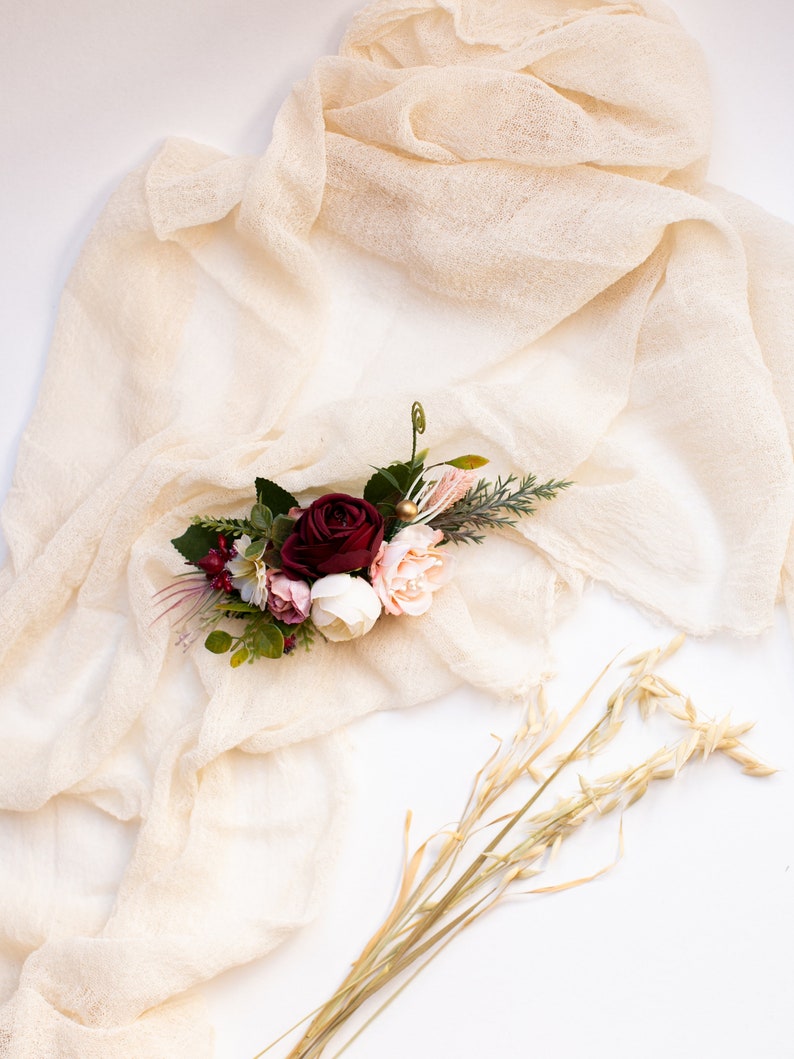 Burgundy flower comb, Burgundy bridal comb, Boho flower comb, Wedding hair comb, Flower accessories, Bridesmaid hair comb, Bride flower comb image 3