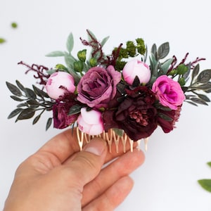 Purple floral comb, Burgundy hair comb, Rustic hair accessory, Wedding hair piece, Bride pink hair comb, Floral headpiece, Blush hair comb image 2