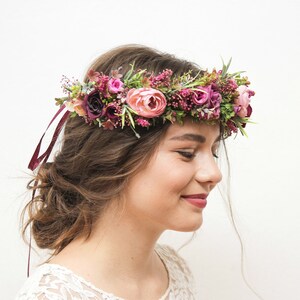 Purple flower crown, Boho floral crown, Lilac flower crown, Maternity crown, Dried flower halo, Bridal flower hairpiece Maroon flower crown image 3