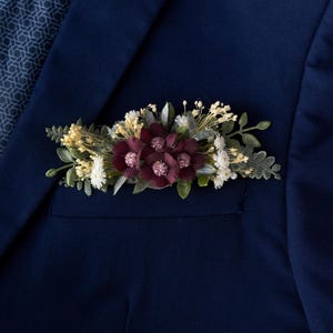 Burgundy pocket boutonniere Dark floral groom gift Moody wedding pin Groomsman jacket decor, nontraditional boutonniere, dark red buttonhole
