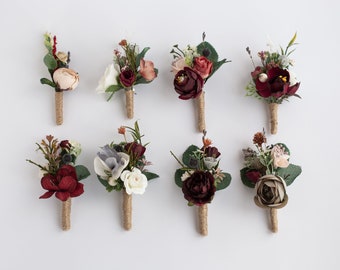 Boutonniere, Burgundy groomsmen buttonhole, Grooms boutonniere set, Groomsmen buttonhole, Flower buttonhole, Boho men boutonniere,