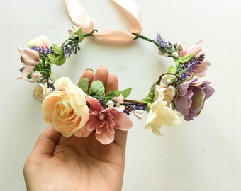 Bridal Flower Crown Spring Floral Crown Pastel Hair Wreath Flower Girl Headband Wedding Flower Crown Adult Summer Wedding
