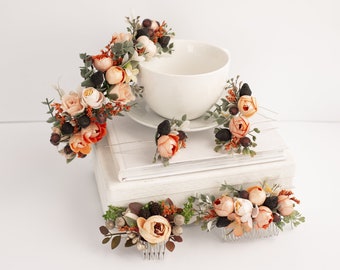 Coral flower comb, Mustard flower crown, Floral hair pin, Bridal flower accessories, Flower girl crown, Rustic floral crown, Bridesmaid comb