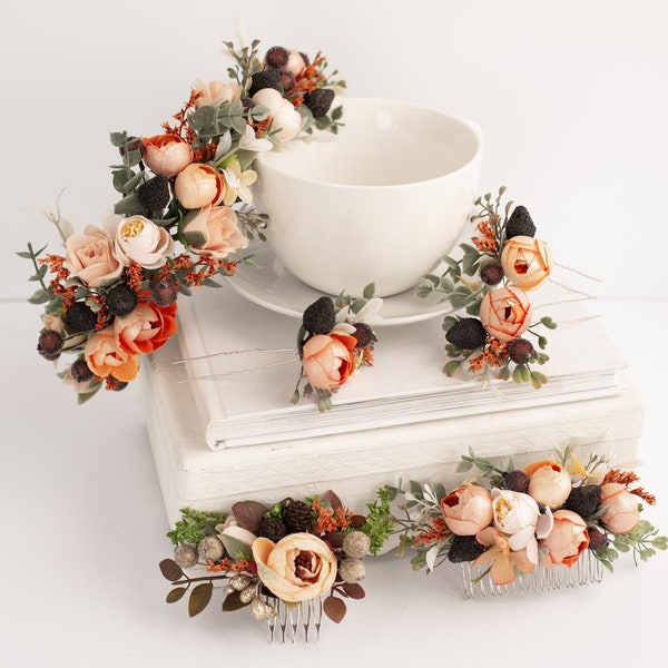 Peigne fleur de corail, couronne de fleur de moutarde, épingle à cheveux floral, accessoires de mariée, couronne de fille de fleur,