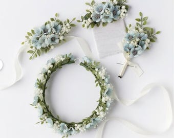 Teal Boho Wedding Floral Set for Bride and Groom with Dried Flowers and Baby’s Breath