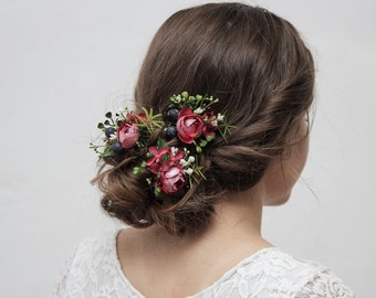 Burgundy hair pin, Bridal hair pins, Bridesmaid hair piece, Burgundy headpiece, Wedding floral pins, Rustic floral clip, Maroon flower clip
