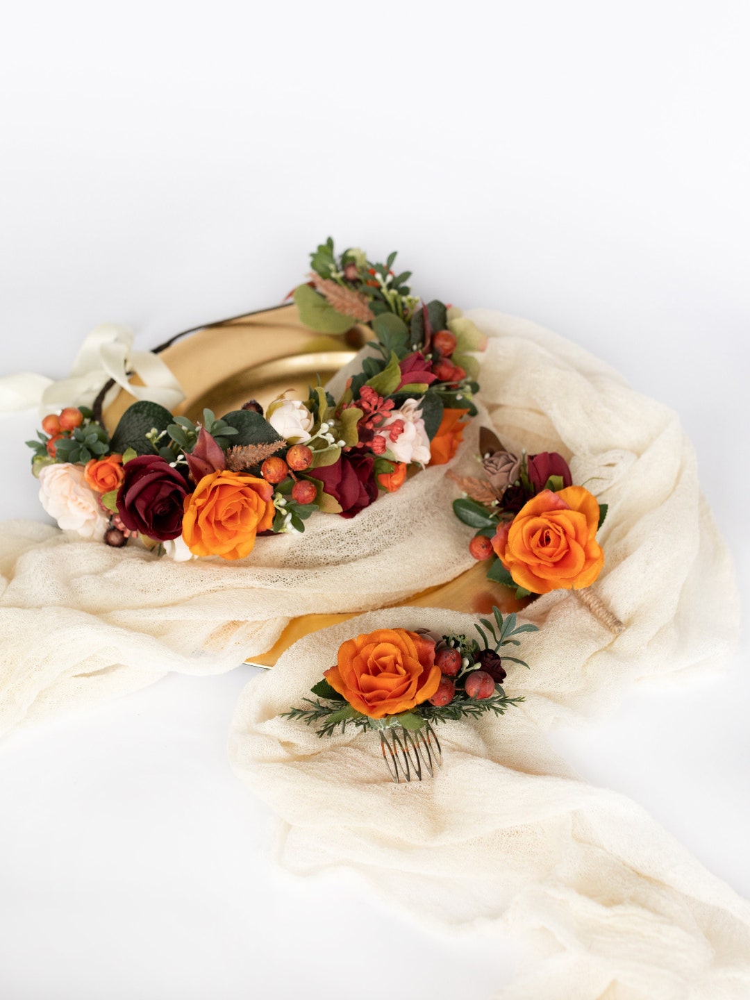 Wedding Flower Crown Fall Flower Crown Orange Flower Crown Etsy