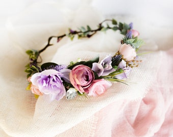 Flower girl crown, Boho flower crown, Bridal flower crown, Wedding flower crown, Lilac floral headpiece, Bridesmaid crown, Baby flower crown