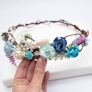 Blue Flower Crown, Boho flower crown, Wedding flower crown, White Flower Crown,  Winter hair crown, Bridesmaid crown, Blue flower headpiece