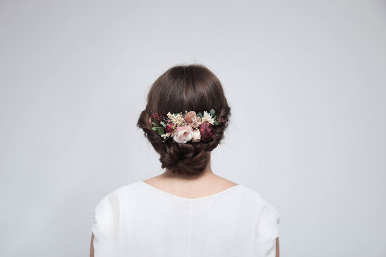 Wedding flower comb, Burgundy hairpiece, Bridesmaid floral comb, Outdoor wedding, Bridesmaid headpiece, Autumn wedding, Floral accessories image 4