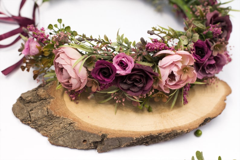 Purple flower crown, Boho floral crown, Lilac flower crown, Maternity crown, Dried flower halo, Bridal flower hairpiece Maroon flower crown image 6