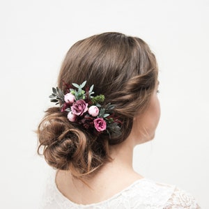 Purple floral comb, Burgundy hair comb, Rustic hair accessory, Wedding hair piece, Bride pink hair comb, Floral headpiece, Blush hair comb image 8