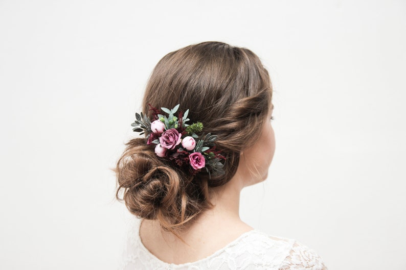 Purple floral comb, Burgundy hair comb, Rustic hair accessory, Wedding hair piece, Bride pink hair comb, Floral headpiece, Blush hair comb image 8