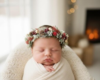Christmas newborn outfit, winter baby headband, holiday gift for new mom, rustic newborn photography prop, baby shower gift idea