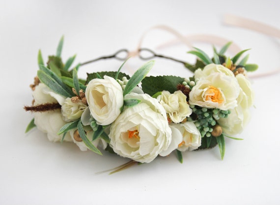 White Flower Crown, Bridal Headpiece, Green Floral Crown  display picture 1