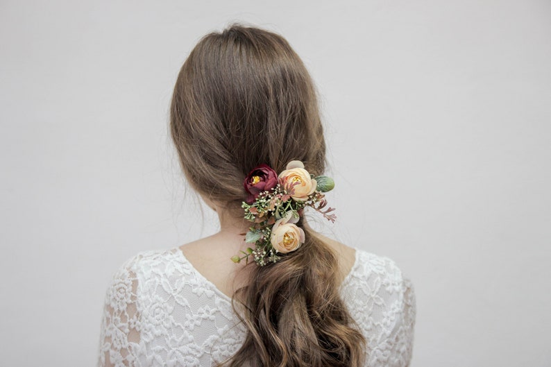 Épingles à cheveux fleur beige, pince à cheveux de mariée, épingles de mariage, épingles à cheveux rouge foncé, pinces à fleurs Bourgogne image 3