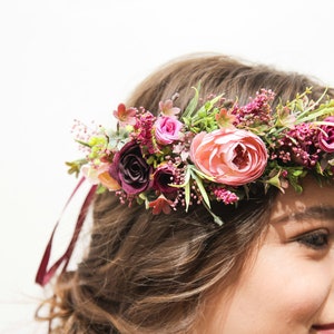 Purple flower crown, Boho floral crown, Lilac flower crown, Maternity crown, Dried flower halo, Bridal flower hairpiece Maroon flower crown image 5