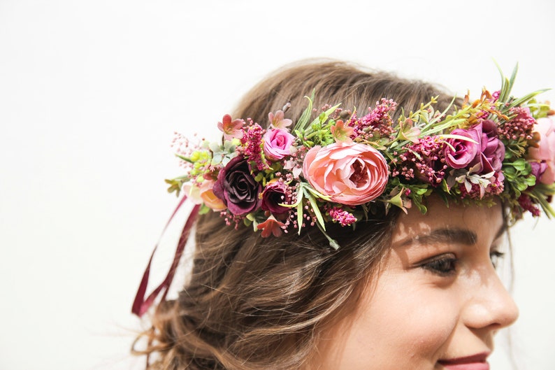 Purple flower crown, Boho floral crown, Lilac flower crown, Maternity crown, Dried flower halo, Bridal flower hairpiece Maroon flower crown image 5