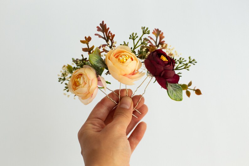 Beige flower hair pins, Bridal hair clip, Wedding pins, Deep red hair pins, Burgundy flower clips, Boho hair pins, Marsala hair clips image 2