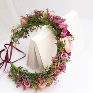 Purple flower crown, Boho floral crown, Lilac flower crown, Maternity crown, Dried flower halo, Bridal flower hairpiece Maroon flower crown image 7