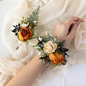 Custom floral silk corsage and boutonniere set, bridal wrist corsage for wedding, Rose prom corsage, real touch corsage bracelet accessories