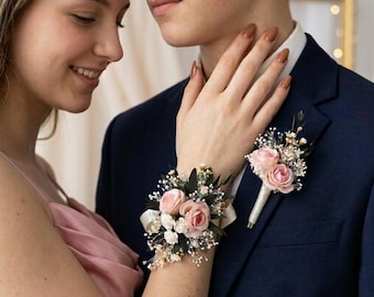 Prom Corsage and Boutonniere Set, Light Pink Dried Flower Wrist Corsage, Pink Rose Baby’s Breath and Eucalyptus, Rustic Boho Prom Corsage