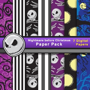 Könnte beinhalten: Ein digitales Papierpaket mit Designs, die von "The Nightmare Before Christmas" inspiriert sind. Das Paket enthält sieben verschiedene Papierdesigns mit Jack Skellington, Streifen, Wirbeln sowie Mond- und Baummustern. Es trägt die Aufschrift "Nightmare before Christmas Paper Pack".