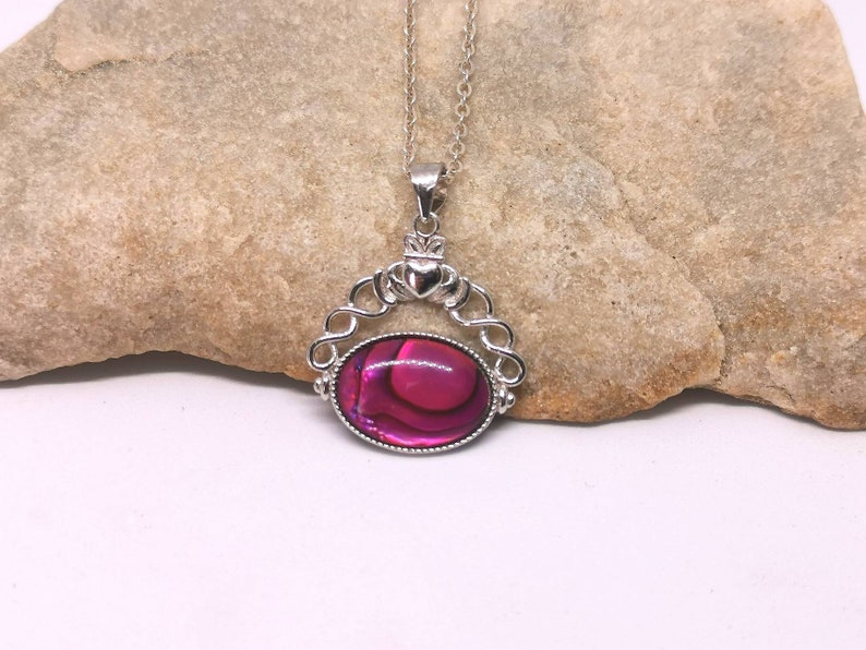 Fushia pink abalone Claddagh Pendant