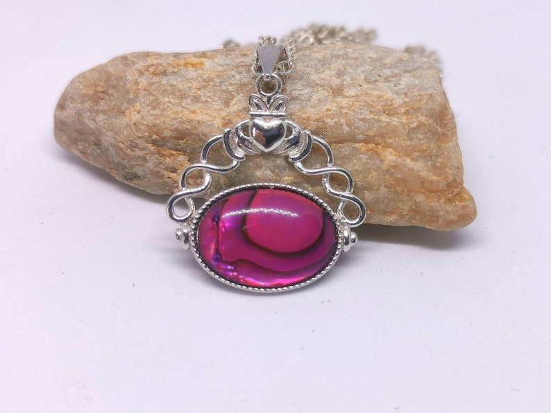 Fushia pink abalone Claddagh Pendant