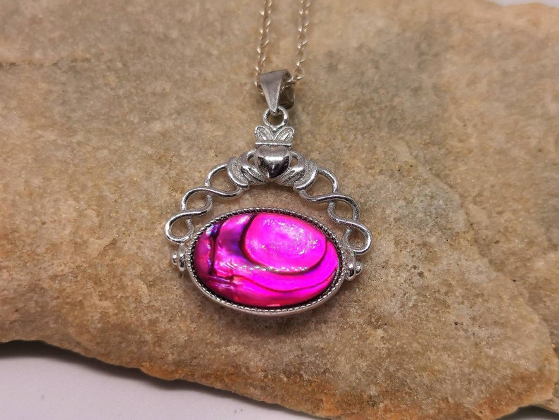 Fushia pink abalone Claddagh Pendant