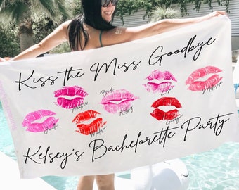 Personalized Bachelorette Beach Towel: Kiss the Miss Goodbye Party Decor