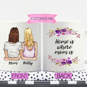 Pu&ograve; includere: Una tazza in ceramica bianca con un design floreale e il testo "Home is where mom is" sul retro. La parte anteriore della tazza presenta un'illustrazione di due donne con i nomi "Mom" e "Kelly" scritti sotto.